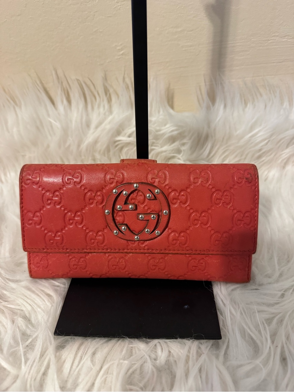 Gucci Coral Red Embossed GG Studded Logo Continental Wallet